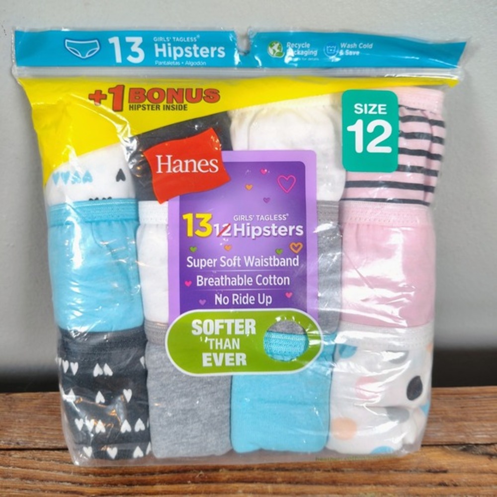 Hanes Girls Tagless Hipster Underwear 13 Pack Size 12 Cotton Multi Color‎ G13HPC